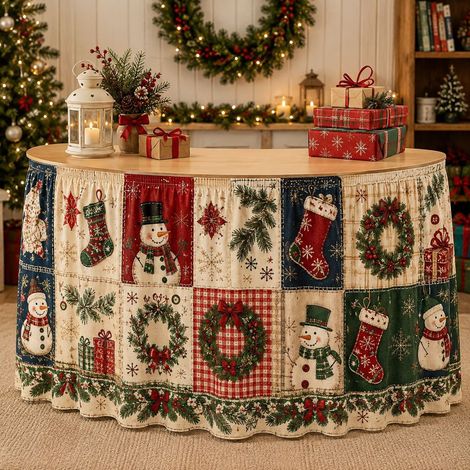 Nappe de Noël style 2026 pour décorations de fête de famille - Tissu décoratif en polyester imprimé bonhomme de neige et sapin de Noël - 275 x 75 cm - Lot de 5