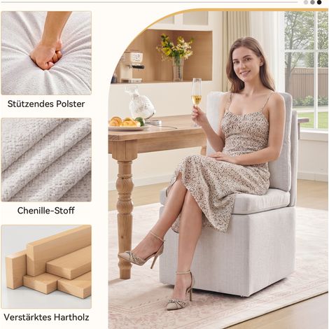 Chaise de salle à manger multifonction avec rangement et roulettes, siège de cuisine rembourré sans accoudoirs, fauteuil de bureau pivotant 360°, revêtement en chenille beige foncé, charge max 110kg ( (1/5)