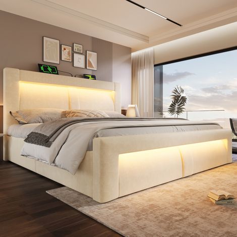 lit adulte rangement LED 160x200 velours beige matelas HAVRYA (1/5)