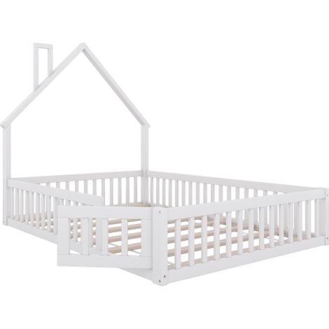 Hausbett, Kinderbett mit Schornsteinform, Bett mit Lattenrost (ohne Matratze), Kiefernholz, Minimalistischer Stil, Grau