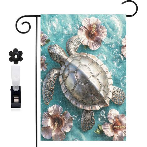 Drapeau de jardin décoratif 30 x 45 cm motif tortue et récifs coralliens toile double face durable (1/5)
