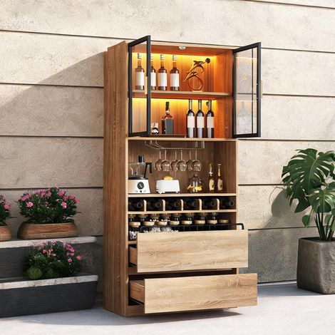 Meuble de salle de bain 180 cm bois naturel portes vitrées en MDF (1/5)
