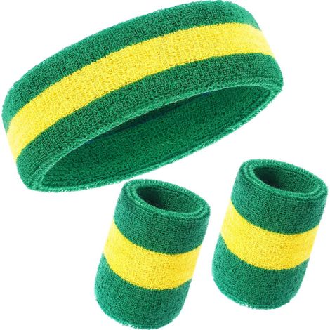Ensemble de 3 bandeaux anti-transpiration, comprenant un bandeau de sport et des bracelets anti-transpiration rayés pour hommes et femmes sportifs. (1/5)