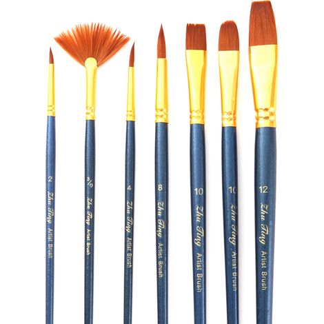 Ensemble de 7 Pinceaux à Huile en Nylon avec Manche en Bois pour Peinture Artistique - Bleu Foncé (1/3)
