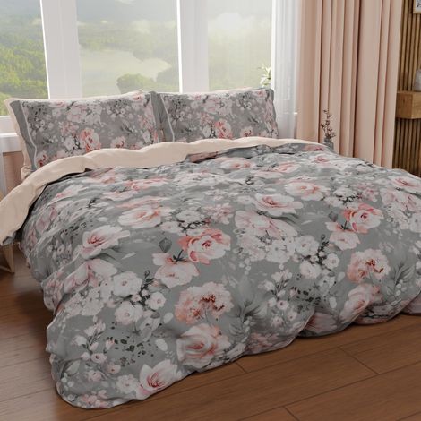 Housse de Couette 1 Place 135x200 cm 1 Taie 75x50 cm Incluse, Parure en Microfibre Imprimée Floral 17 02 (1/4)