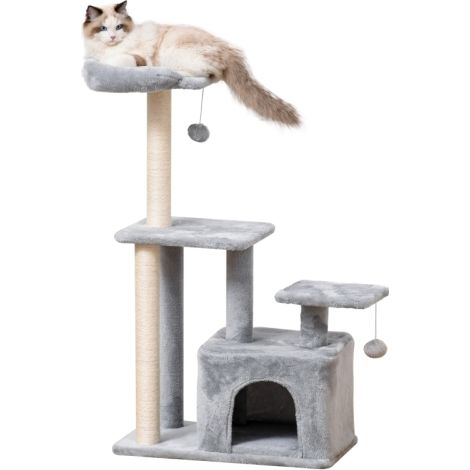 Indoor Cat Tree Tower 114cm with Sisal Scratching Post, Perch, Hanging Ball, and Condo Toy in Light Grey (1/5)