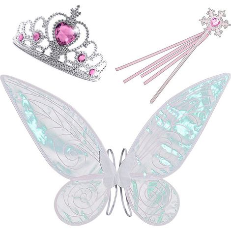 Lot de 3 costumes fée princesse Halloween pour filles avec ailes papillon, couronne et baguette magique - Déguisement ange jeu de rôle accessoires cadeaux enfants