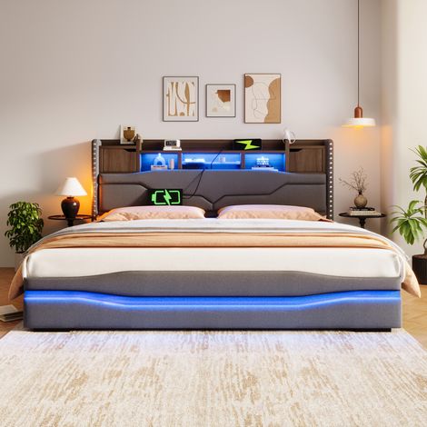 Lit coffre hydraulique rembourré 180x200 cm, prise USB-C, éclairage LED d'ambiance, tête de lit avec rangement, sans matelas, gris