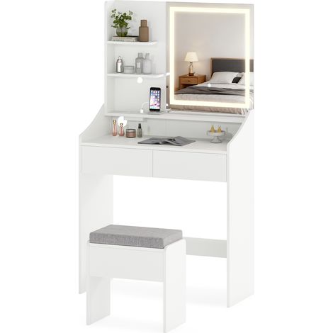 COSTWAY Dressing Table & Chair with 3 Light Colors Adjustable Brightness White (1/5)