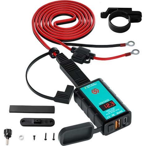 Chargeur de téléphone de moto, moto SAE End 1,4 mot à l'extrémité USB + Type -C Chargeur d'eau carré 12 V, adaptateur de port USB de moto avec voltmètre LED (1/5)