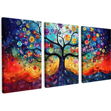 CUADRO EN LIENZO Colorido - Árbol de la vida - Flores - Abstracto Tríptico Set de 3 120x60 (1/5)