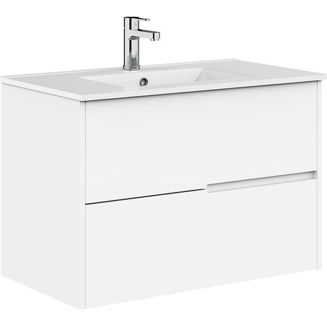 Meuble de Salle de Bain, 2 tiroirs, Suspendu au Mur, avec lavabo en céramique, Plusieurs Finitions, livré monté, sans Miroir, 90 cm, Blanc (1/5)