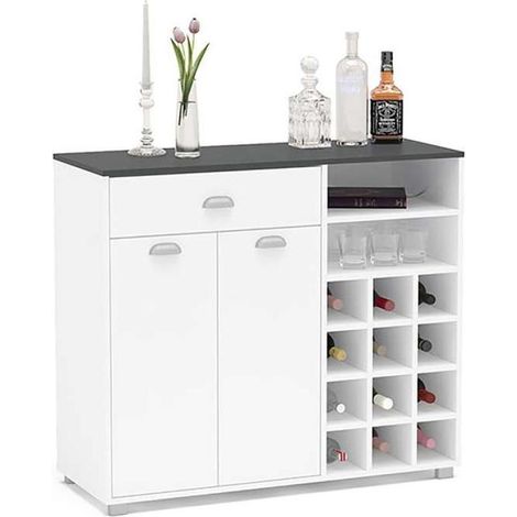 Mueble Buffet bajo 2 puertas 1 cajón y botellero acabado blanco, 90cm(alto) x 103cm(ancho) x 40cm(fondo). (1/3)
