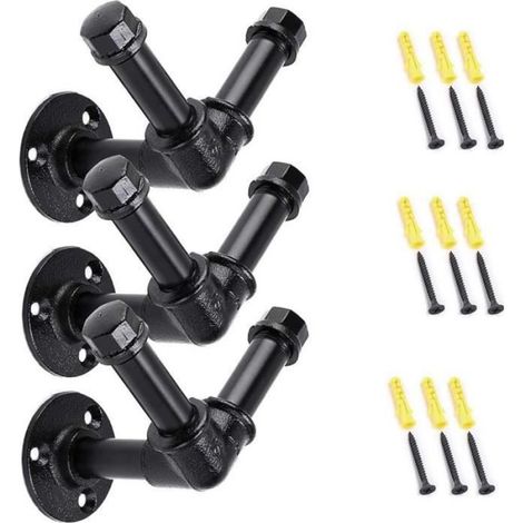 Lot de 3 Patères, Fer, Noir, Style industriel, Fixation murale, 11 cm, Couloir (1/4)