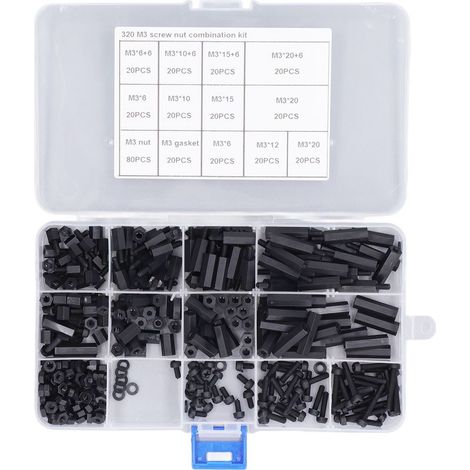 Entretoise de vis hexagonale M3 en Nylon, 320 pièces, entretoises mâles et femelles, Kit d'assortiment d'écrous de vis avec boîte de rangement. (1/5)