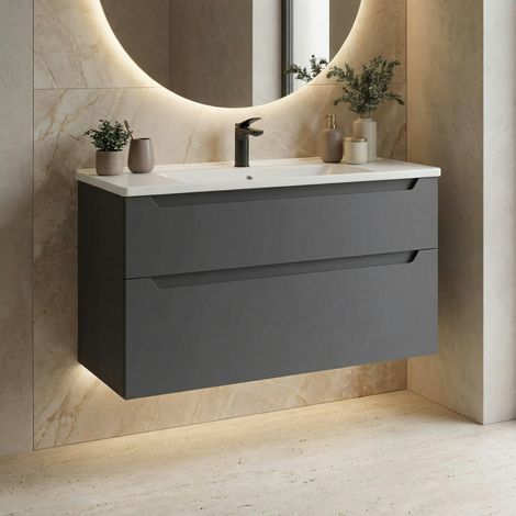 Meuble vasque suspendu 100 cm anthracite 2 tiroirs ELYO (1/4)