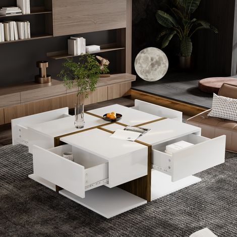 Table basse 78x78x34,8 cm blanc et bois – 4 tiroirs, rangement bas (1/5)