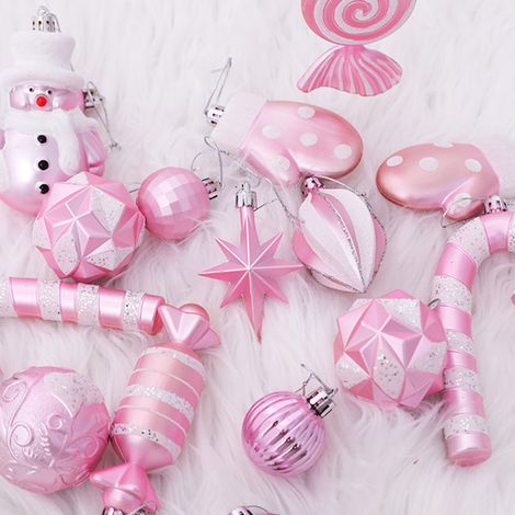 Ensemble de 16 décorations pour sapin de Noël, décorations roses (1/2)