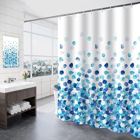 Rideau de douche en polyester imperméable avec motif floral 12 crochets en plastique inclus (180 x 200 cm) Accessoire de salle de bain Résistant à la moisissure Bleu et blanc (1/5)