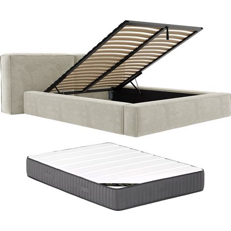 Letto con contenitore 140 x 190 cm Tessuto bouclette Beige + Materasso  - TIMANO di PASCAL MORABITO