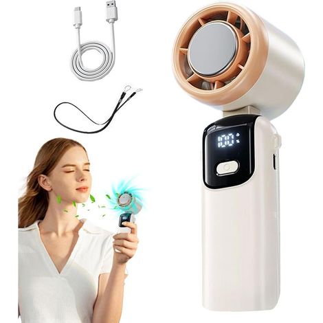 Ventilateur portable 199 vitesses, mini ventilateur de bureau rechargeable avec écran LED, idéal pour le camping et les voyages (beige) (1/5)