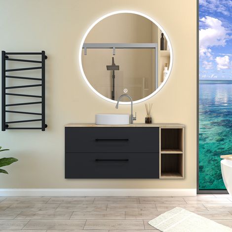 Aica Ensemble meuble de Salle de Bain Suspendu avec Vasque + 2 Rangements Ouverts, 120x46x52cm, Rond Miroir LED