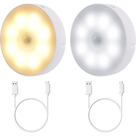 Lot de 2 lampes LED à détecteur de mouvement rechargeables pour escaliers, éclairage nocturne USB, double couleur blanc froid/chaud, idéales pour placard, chambre, cuisine, couloir (1/5)
