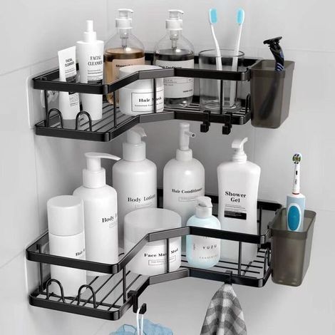 Set of two stainless steel shower holders, including 1 toothpaste holder, 4 hooks and 4 adhesive strips. (1/5)
