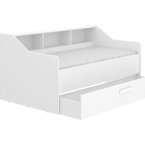 Lit enfant avec rangements 90 x 190 cm en mélamine coloris blanc avec tiroir - Longueur 194.3 x Profondeur 119.2 x Hauteur 77.5 cm -PEGANE- (1/5)