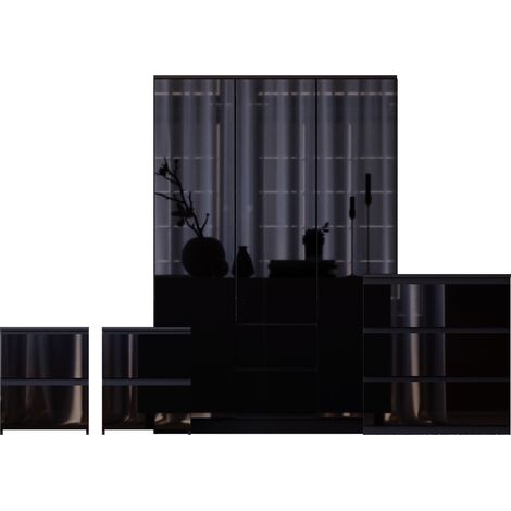 Glinton 4 Piece Bedroom Set (2 Drw Bedside x2, 3 Drw Chest, 3 Dr 2 Drw Wardrobe), Black (100% FSC) (1/4)