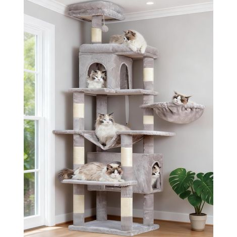 Arbre À Chat, De 178 cm De Hauteur, Colonne À Griffer pour Les Chats D'Intérieur, Arbre À Chat Multi-Étagé avec 8 Colonnes À Griffer, 2 Trou, 2 Plateformes, Hamac, Panier, Gris Foncé (1/5)