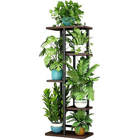 Soporte para plantas, diseño metálico de 5 niveles, soporte para plantas que ahorra espacio, roble negro. (1/2)