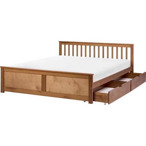 Cama con somier de madera de pino MDF minimalista con almacenaje 2 cajones 180 x 200 cm marrón Olendon