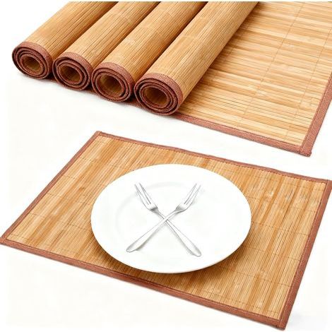 4 waschbare Bambus-Tischsets, 45 x 30 cm, Naturbambus, hitzebeständig, waschbar, rollbar, für Küche und Esstisch (1/5)