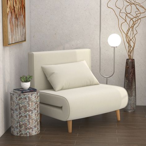 REDOM Canapé Convertible 90x190cm 2 en 1 pieds en bois Tissu effet lin Blanc crème (1/5)