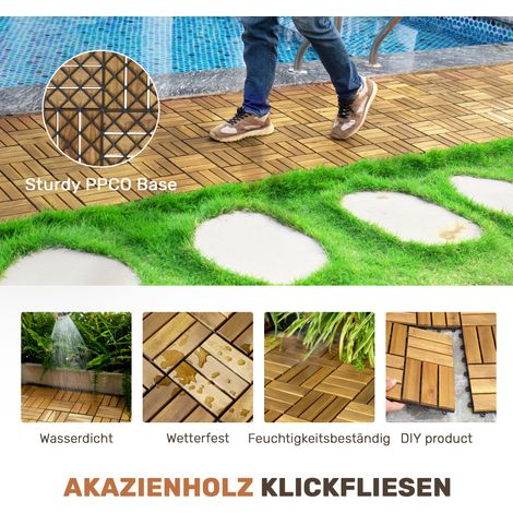 32PCS Dalles de Terrasse Emboîtables Motif Damier, 30x30 cm, Carré en Acacia Jaune, Parquet Extérieur en Bois Dur, pour Patio, Balcon, Piscine (1/5)