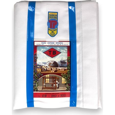 Drap supérieur en coton torsadé Tb Poirino, point de bordure brodé, tissu épais - 3 tailles - fabriqué en Italie Cm. 240x300