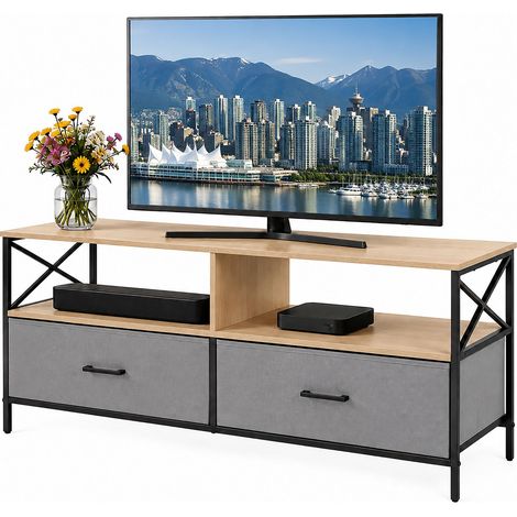 Relaxdays Mueble bajo TV, (Al x An x Prof.) 50 x 120 x 40 cm, 2 cajones y baldas, MDF, metal, tela, greige/negro (1/5)