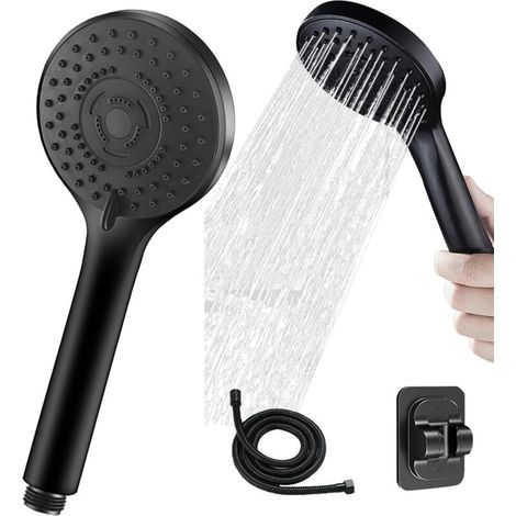 Pommeau de douche à 7 modes avec tuyau 1,5 m, économe en eau, support sans perçage, noir, pour un confort optimal en salle de bain (1/5)