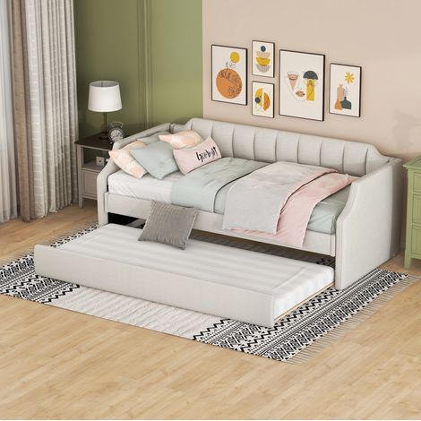 Cama nido tapizada de lino y algodón beige 90x200 cm con cama inferior extraíble (1/5)