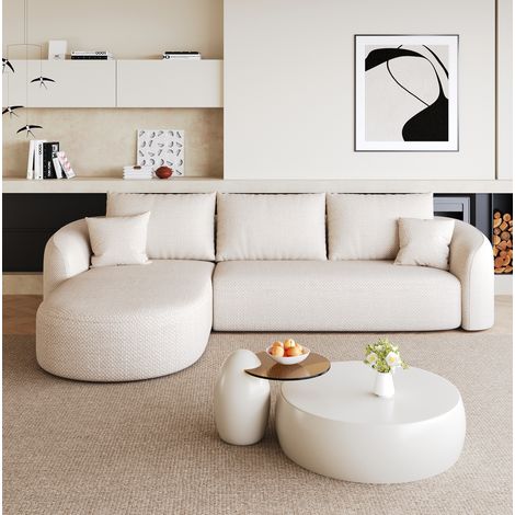 Sofá esquinero en L de 266 cm, modular, de tejido blanco, sin montaje, OKWISH (1/5)