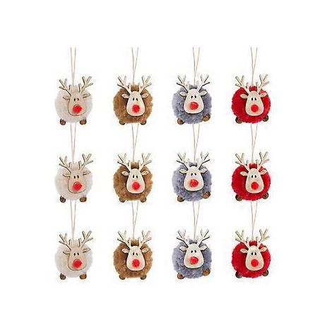 Lot de 12 décorations de Noël en feutrine et bois en forme de rennes à suspendre - 4 couleurs. Adorables pendentifs en feutrine de laine et bois en forme de rennes pour sapin de Noël. (1/4)