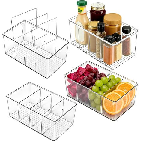 Organisateur de réfrigérateur, 4 conteneurs de stockage des aliments avec 3 séparateurs, conteneurs empilables en plastique transparent pour le rangement et l'organisation des fêtes de cuisine (1/5)