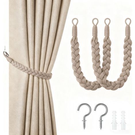 Lot de 2 embrasses à rideaux en cordon de 60 cm avec crochets - Embouts tissés à la main - Couleur brun (1/5)