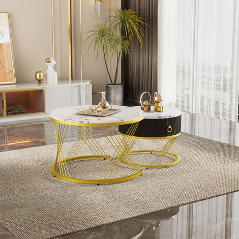 Table basse modulaire élégante : effet marbre, touches dorées, table d'appoint avec tiroirs – Lot de 2