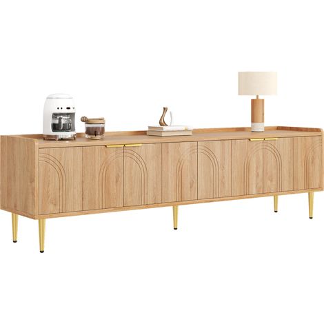 Meuble TV 170 cm Lowboard Banc TV Rangement Multimédia avec Passe-Câbles Portes Texturées Pieds Métal Doré Aspect Bois MDF (1/5)