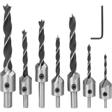 Set of 7 countersink bits for woodworking, 5-flute chamfering tool with hex key (1/5)