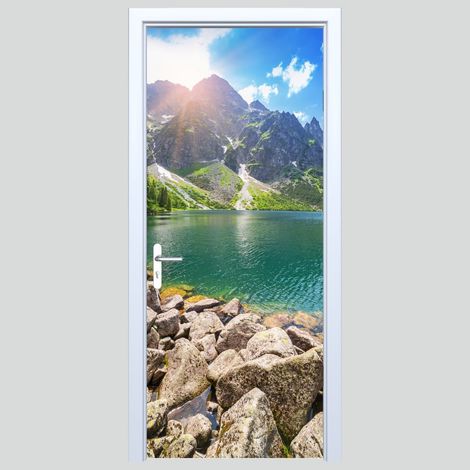 Autocollant de porte en tissu, lac dans les montagnes 125PD