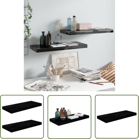The Living Store Étagère murale flottante 2 pcs Noir brillant 60x23,5x3,8 cm MDF - Étagère Murale - Étagère Flottante - Décoration Murale - Rangement Mural - Meuble Design (1/5)