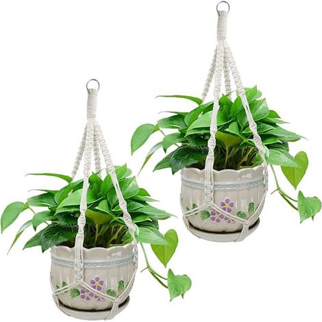 Makramee-Pflanzenampel, 2-teiliges Set, Hängender Zimmerpflanzentopf, 51 cm, Makramee-Hängekorb im Bohème-Stil für Wohnzimmer, Balkon, Decke, Wand, Fenster (1/5)